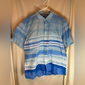 New Izod Saltwater Shirt XXL Blue Striped Relaxed Clsc Fit Short Blue Button Up